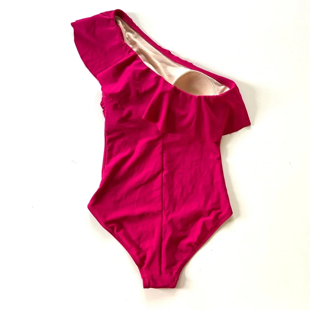 Kona Sol Magenta Pink Ruffle One Shoulder One Piece Swimsuit